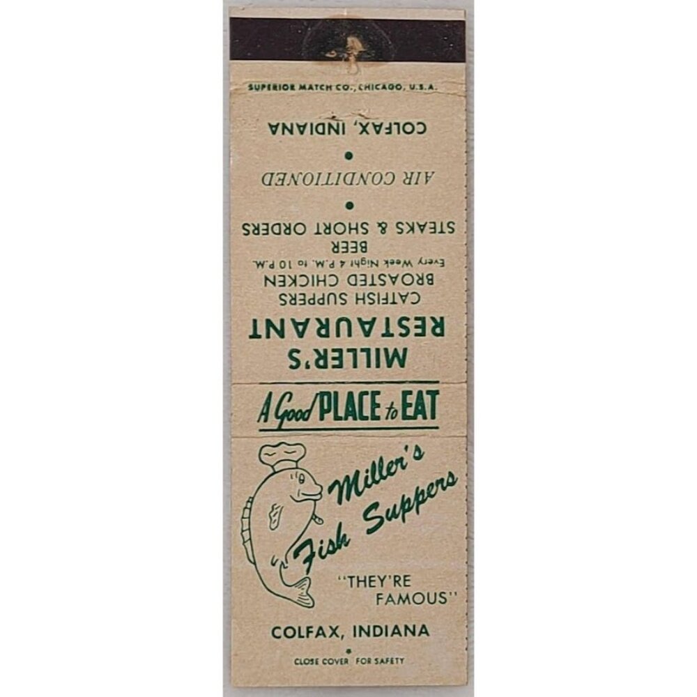 Vintage Matchbook Cover Miller’s Restaurant Fish Suppers Colfax IN Indiana